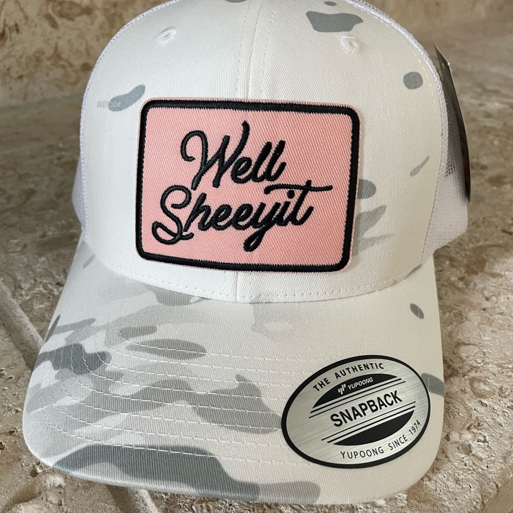 Custom made “Well Sheeyit” White and Pink Snapback Hat